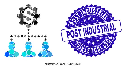 Mosaic industrial bank clients icon and grunge stamp seal with Post Industrial text. Mosaic vector is designed with industrial bank clients pictogram and with random spheric spots.