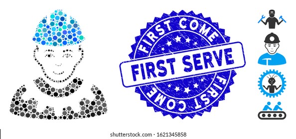 Mosaic industrial builder icon and rubber stamp seal with First Come First Serve caption. Mosaic vector is created with industrial builder pictogram and with scattered round elements.