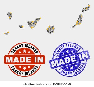 Mosaic industrial Canary Islands map and blue Made In textured seal. Vector geographic abstraction model for workshop, or patriotic posters.