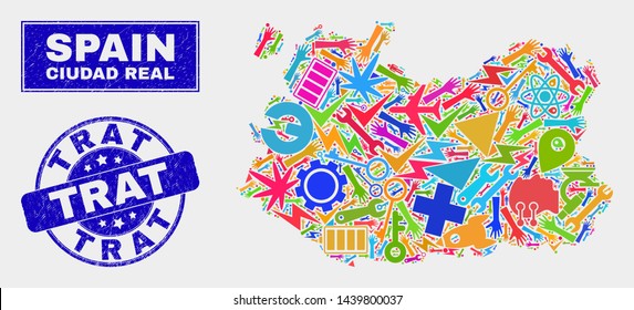 Mosaic industrial Ciudad Real Province map and Trat seal. Ciudad Real Province map collage composed with scattered colorful tools, palms, industrial items.