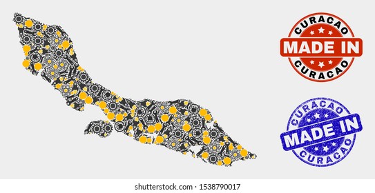 Mosaic industrial Curacao Island map and blue Made In textured seal. Vector geographic abstraction model for industrial, or patriotic illustrations.