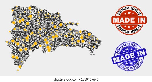 Mosaic industrial Dominican Republic map and blue Made In scratched seal. Vector geographic abstraction model for service, or patriotic posters.