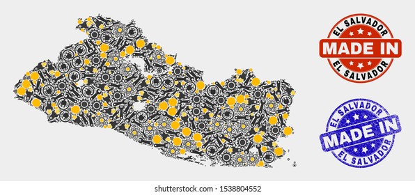 Mosaic industrial El Salvador map and blue Made In scratched stamp. Vector geographic abstraction model for industrial, or patriotic purposes. Mosaic of El Salvador map combined of random gears,