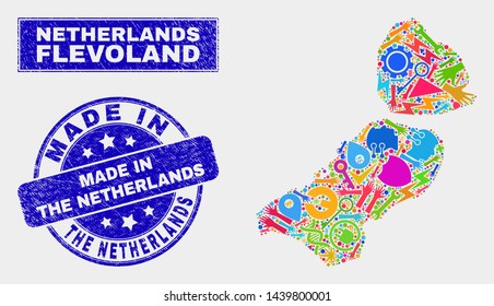 Mosaic industrial Flevoland Province map and Made in the Netherlands seal stamp. Flevoland Province map collage composed with random colored tools, hands, security elements.