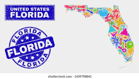 Mosaic industrial Florida State map and Florida seal stamp. Florida State map collage designed with scattered colorful equipment, hands, production items.