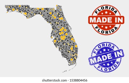 Mosaic industrial Florida State map and blue Made In scratched stamp. Vector geographic abstraction model for workshop, or political posters. Mosaic of Florida State map combined of scattered cogs,