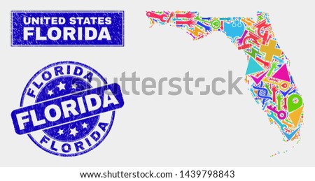 Mosaic industrial Florida State map and Florida seal stamp. Florida State map collage designed with scattered colorful equipment, hands, production items.