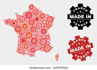 Mosaic industrial France map and scratched stamp. Vector geographic abstraction in red colors. Mosaic of France map combined of random cog items. Red colored model for workshop,