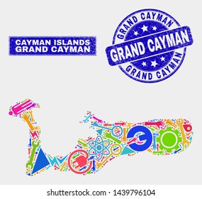Mosaic industrial Grand Cayman Island map and Grand Cayman seal. Grand Cayman Island map collage formed with randomized bright equipment, hands, industrial icons.