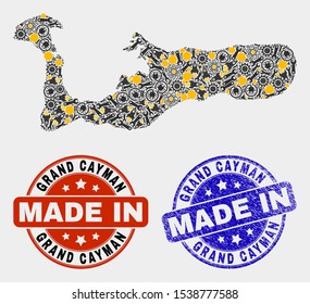Mosaic industrial Grand Cayman Island map and blue Made In textured seal. Vector geographic abstraction model for industrial, or political illustrations.