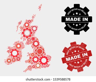 Mosaic industrial Great Britain and Ireland map and scratched seal. Vector geographic abstraction in red colors. Mosaic of Great Britain and Ireland map combined of scattered cog items.
