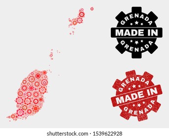 Mosaic industrial Grenada map and grunge seal. Vector geographic abstraction in red colors. Mosaic of Grenada map combined of scattered wheel items. Red colored model for technical,