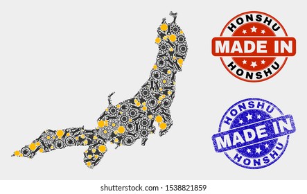 Mosaic industrial Honshu Island map and blue Made In grunge stamp. Vector geographic abstraction model for service, or patriotic illustrations.
