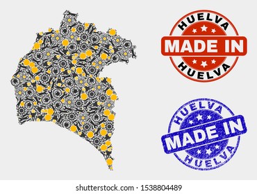 Mosaic industrial Huelva Province map and blue Made In textured seal. Vector geographic abstraction model for service, or patriotic posters.