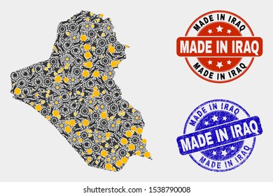 Mosaic industrial Iraq map and blue Made In scratched seal. Vector geographic abstraction model for workshop, or political purposes. Mosaic of Iraq map combined of random gearwheels, wrenches,