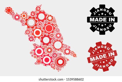 Mosaic industrial Jiangsu Province map and grunge seal. Vector geographic abstraction in red colors. Mosaic of Jiangsu Province map combined of random wheel items. Red colored model for industrial,