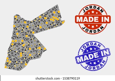 Mosaic industrial Jordan map and blue Made In grunge stamp. Vector geographic abstraction model for service, or political illustrations. Mosaic of Jordan map combined of random gears, spanners, lamps,