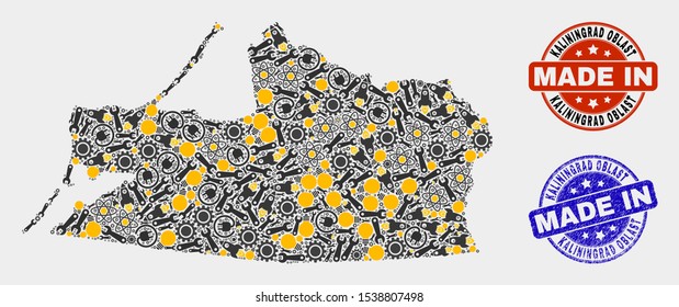 Mosaic industrial Kaliningrad Region map and blue Made In textured stamp. Vector geographic abstraction model for workshop, or political templates.