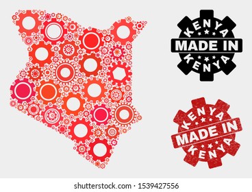 Mosaic industrial Kenya map and textured seal. Vector geographic abstraction in red colors. Mosaic of Kenya map combined of random cog elements. Red colored model for mechanic, or patriotic templates.