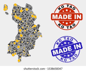 Mosaic industrial Ko Tao map and blue Made In textured stamp. Vector geographic abstraction model for service, or political illustrations. Mosaic of Ko Tao map combined of scattered cogwheel,