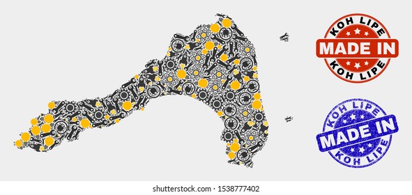 Mosaic industrial Koh Lipe map and blue Made In grunge stamp. Vector geographic abstraction model for technical, or patriotic purposes. Mosaic of Koh Lipe map combined of random cogwheel, wrenches,