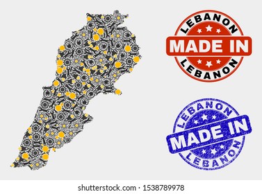 Mosaic industrial Lebanon map and blue Made In grunge stamp. Vector geographic abstraction model for industrial, or patriotic posters. Mosaic of Lebanon map composed from scattered gears, spanners,