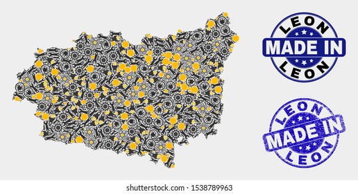 Mosaic industrial Leon Province map and blue Made In grunge seal. Vector geographic abstraction model for technical, or patriotic purposes. Mosaic of Leon Province map combined of scattered gears,