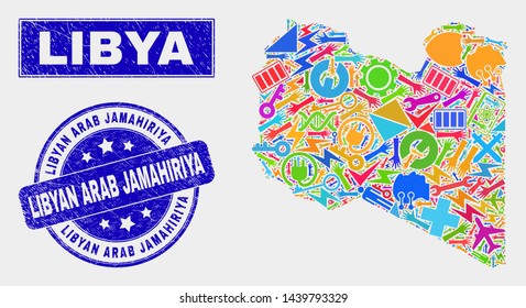 Mosaic industrial Libya map and Libyan Arab Jamahiriya seal stamp. Libya map collage constructed with scattered colorful tools, hands, service elements.