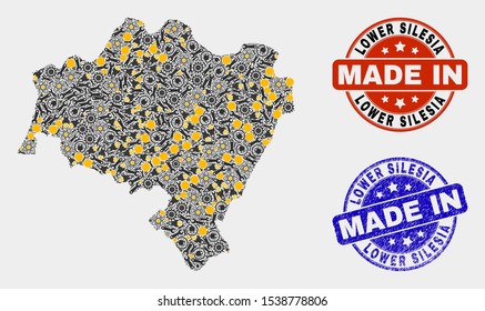Mosaic industrial Lower Silesia Province map and blue Made In textured seal. Vector geographic abstraction model for mechanic, or patriotic posters.