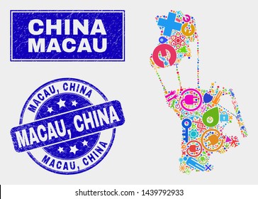 Mosaic industrial Macau map and Macau, China seal stamp. Macau map collage made with random colored equipment, hands, service symbols. Blue round Macau, China seal stamp with unclean texture.