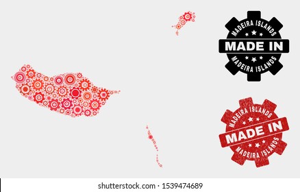 Mosaic industrial Madeira Islands map and grunge seal. Vector geographic abstraction in red colors. Mosaic of Madeira Islands map combined of scattered cog elements. Red colored model for technical,