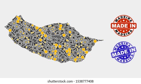 Mosaic industrial Madeira map and blue Made In grunge seal. Vector geographic abstraction model for technical, or patriotic purposes. Mosaic of Madeira map combined of random gears, spanners, lamps,