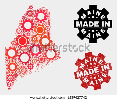 Mosaic industrial Maine State map and grunge stamp. Vector geographic abstraction in red colors. Mosaic of Maine State map combined of random gearwheel elements. Red colored model for industrial,