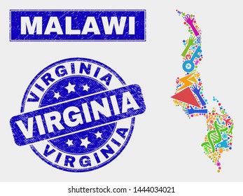 Mosaic industrial Malawi map and Virginia seal stamp. Malawi map collage formed with scattered colorful tools, palms, industrial elements. Blue rounded Virginia seal stamp with scratched texture.