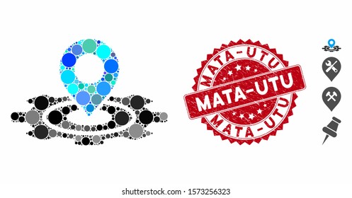 Mosaic industrial map marker icon and rubber stamp seal with Mata-Utu phrase. Mosaic vector is composed from industrial map marker icon and with random spheric items. Mata-Utu stamp uses red color,