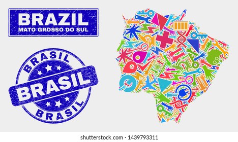 Mosaic industrial Mato Grosso do Sul State map and Brasil seal stamp. Mato Grosso do Sul State map collage composed with randomized colored equipment, hands, security icons.