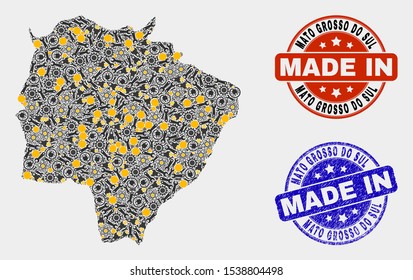 Mosaic industrial Mato Grosso do Sul State map and blue Made In grunge seal. Vector geographic abstraction model for mechanic, or political posters.