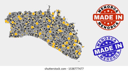 Mosaic industrial Menorca Island map and blue Made In textured stamp. Vector geographic abstraction model for industrial, or political posters.