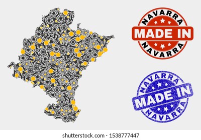 Mosaic industrial Navarra Province map and blue Made In grunge stamp. Vector geographic abstraction model for workshop, or patriotic posters. Mosaic of Navarra Province map combined of random gears,