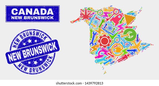 Mosaic industrial New Brunswick Province map and New Brunswick seal stamp. New Brunswick Province map collage made with random colored equipment, palms, service symbols.