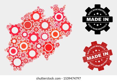 Mosaic industrial North Rhine-Westphalia Land map and grunge seal. Vector geographic abstraction in red colors. Mosaic of North Rhine-Westphalia Land map combined of scattered wheel elements.