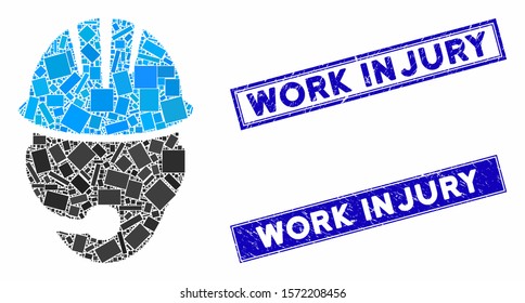 Mosaic Industrial Operator Icon And Rectangular Work Injury Seals. Flat Vector Industrial Operator Mosaic Pictogram Of Scattered Rotated Rectangular Items. Blue Work Injury Seals With Grunged Surface.