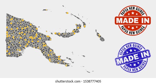 Mosaic industrial Papua New Guinea map and blue Made In grunge seal. Vector geographic abstraction model for service, or patriotic templates.