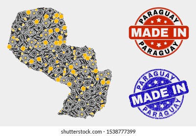 Mosaic industrial Paraguay map and blue Made In scratched seal. Vector geographic abstraction model for technical, or political illustrations. Mosaic of Paraguay map combined of scattered gearwheels,