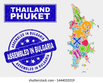 Mosaic industrial Phuket map and Assembled in Bulgaria seal stamp. Phuket map collage constructed with randomized colored equipment, palms, security items.