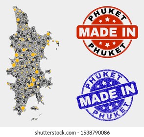 Mosaic industrial Phuket map and blue Made In scratched stamp. Vector geographic abstraction model for industrial, or patriotic illustrations. Mosaic of Phuket map combined of scattered cogwheel,