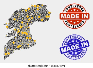 Mosaic industrial Pontevedra Province map and blue Made In grunge stamp. Vector geographic abstraction model for technical, or political posters.