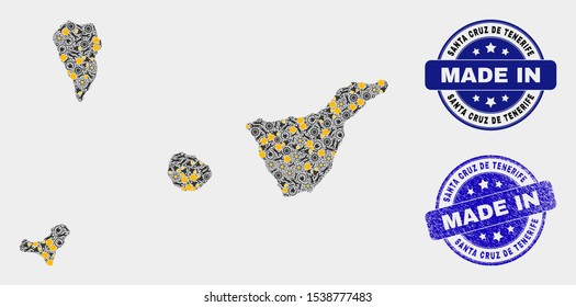 Mosaic industrial Santa Cruz de Tenerife Province map and blue Made In textured stamp. Vector geographic abstraction model for industrial, or political purposes.