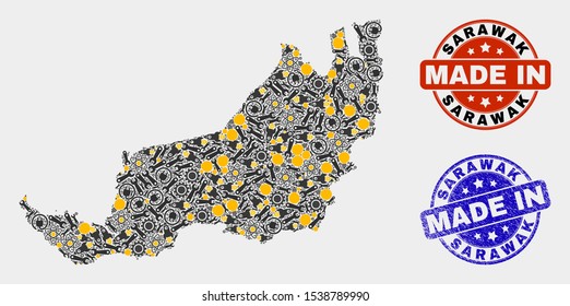 Mosaic industrial Sarawak State map and blue Made In grunge stamp. Vector geographic abstraction model for service, or political posters. Mosaic of Sarawak State map combined of scattered gearwheels,