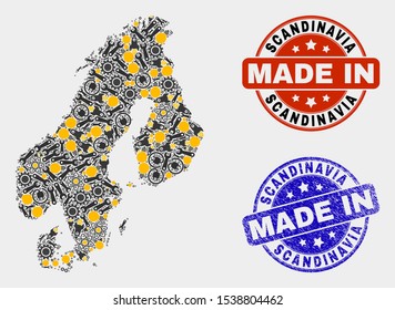 Mosaic industrial Scandinavia map and blue Made In scratched seal. Vector geographic abstraction model for industrial, or patriotic templates.